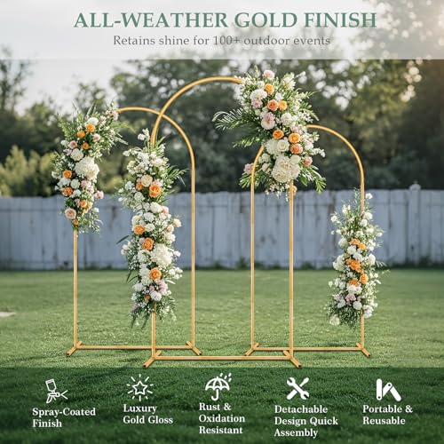 WellSign Balloon Arch Stand,7.2FT, 6.6FT, 6FT Set of 3 Metal Gold Wedding Backdrop Arch Stand Kit for Valentine Baby Shower Engagement Party Event Decoration Garden Floral Balloon Arch with Base - size: 7.2F+6.6FT+6FT