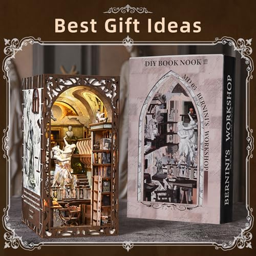 CCCDF DIY Book Nook Library Kit, Miniature Dollhouse Booknook Kit, 3D Wooden Puzzle Bookend Bookshelf with LED Light for Teens and Adults (Bernini's Sculpture Workshop) - style: Bernini's Sculpture Workshop