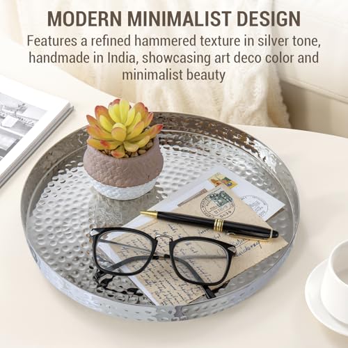 MyGift 11 Inch Silver Round Tray - Hammered Metal Serving Tray & Decorative Silver Platter for Vanity Display - Handcrafted in India - color: Silver (11 Inch)