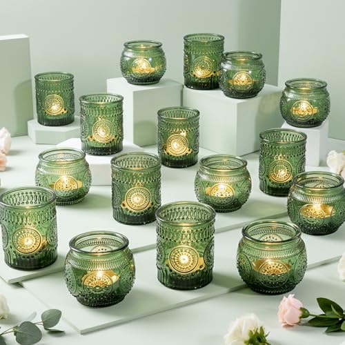 36 Pcs Green Candle Holders Bulk for Wedding Table Centerpieces - Assorted Glass Tea Light Holders for Vintage Wedding Table Centerpieces, Bridal or Baby Shower Decoration - color: Green