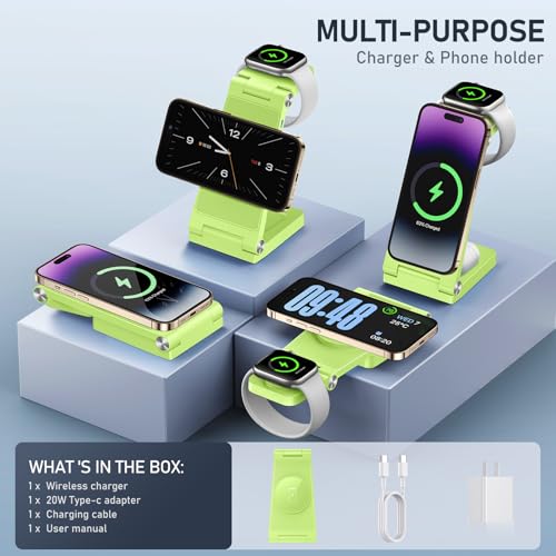 Magnetic Wireless Charger Stand, 3 in 1 Foldable Wireless Charging Station, Travel Charger for Multiple Devices for iPhone 15 14 13 12 Series, Apple Watch Ultra/SE/9/8/7/6/5/4/3/2, AirPods - color: Light Green