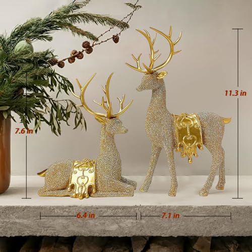 Set of 2 Modern Deer Statues for Home Decor, Handcrafted Resin Elk Sculptures with Intricate Beaded Texture, Elegant Animal Figurines for Living Room, Bookshelf, Office & Housewarming Gift - color: Gold