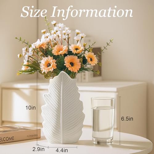 White Matte Ceramic Leaf-Shaped Vase – BEAHOT Modern Minimalist Decorative Flower Vase with Embossed Leaf Texture for Table Centerpiece, Home & Office Decor - color: White-leave