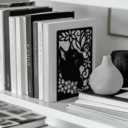 Peacoblue Metal Bookends for Shelves, Modern Decorative Heavy Duty Study Book Support Stoppers for Office, Desk, Shelf, Room 5.3"x4.3"x7.9" Cast Iron Simple Tall Bookends, 1 Pair (Cat and Butterfly) - style: Cat and Butterfly