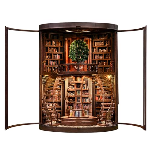 Book Nook Kit for Adults & Teens – DIY Miniature House Library, Wisdom Ring Library 3D Wooden Puzzle Bookend Bookshelf Insert with LED Light, Dollhouse Craft Kit for Decor & Gifts