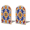 Wood Bookends 2 Pack, Hippy Mexican Talavera Mandala Non-Skid Heavy Duty Bookends for Shelves & Desks, Decorative Book Holders/Supports for Home Office/Library/School, 5x3x3.9 Inch