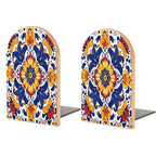 Wood Bookends 2 Pack, Hippy Mexican Talavera Mandala Non-Skid Heavy Duty Bookends for Shelves & Desks, Decorative Book Holders/Supports for Home Office/Library/School, 5x3x3.9 Inch