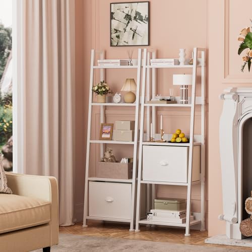Furologee 5-Tier White Ladder Shelf, Ladder Bookshelf with Removable Drawer, Mordern Bookcase Storage Rack Organizer, Wood Metal Freestanding Storage Shelves for Living Room, Home Office, Bedroom - color: White, size: 5-Tier, 15" W