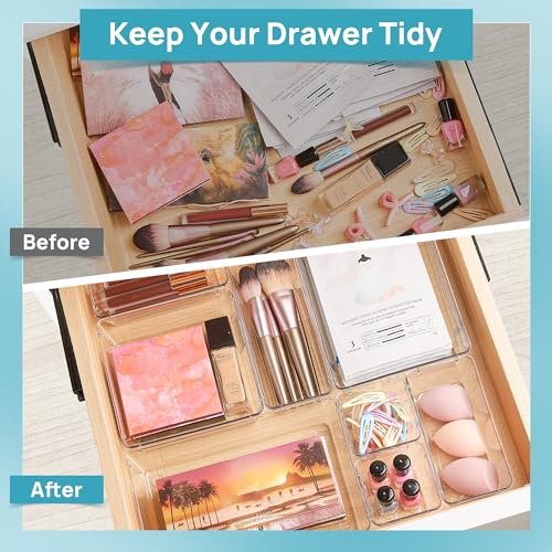 Vtopmart 66 PCS Clear Plastic Drawer Organizer Bins, 4-Size Versatile Bathroom and Vanity Organizer Trays, Acrylic Storage Containers for Makeup, Jewelry, Toiletry, Kitchen Utensils and Office Supply - style: 66 PCS