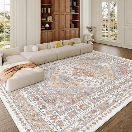 zesthome 8x10 Area Rugs for Living Room,Non-Slip Backing Washable Rugs,Vintage Large Area Rug，Stain Resistant Home Decor Rug (Orange,8'x10') - color: Orange, size: 8' x 10' (Rectangular)