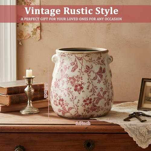 Ceramic Scroll Planter 6.5 Inch Chinoiserie Floral Vase with Drainage Holes Vintage Flower Vase Flower Pot Rustic Ceramic Pots for Indoor Plants Garden Home Bookshelf Decor(Retro Pink) - style: Retro Pink