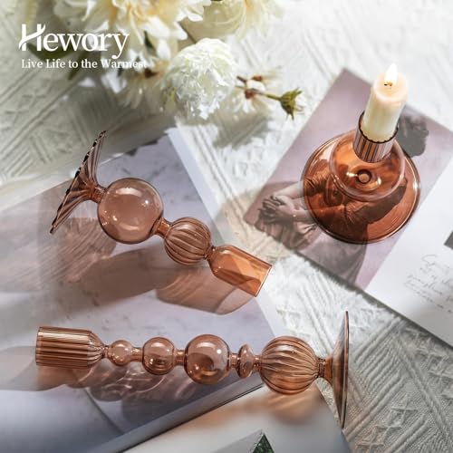 Hewory Glass Candlestick Holders Set: 3PCS Brown Candle Holder Taper Candle Holders Bulk, Crystal Ribbed Candle Sticks Holder Decor for Table Centerpiece Wedding Christmas Thanksgiving Dinner - color: Brown