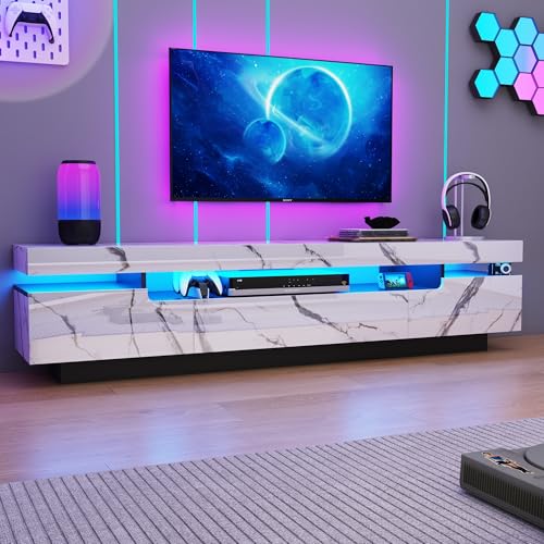 Uspeedy 70IN White TV Stand for 75/80 inch TV,Modern LED TV Stand for Living Room,High Gloss Entertainment Center with Storage Drawer,APP RGB Light,TV Console,Television Stands(Marbling) - color: Marbling