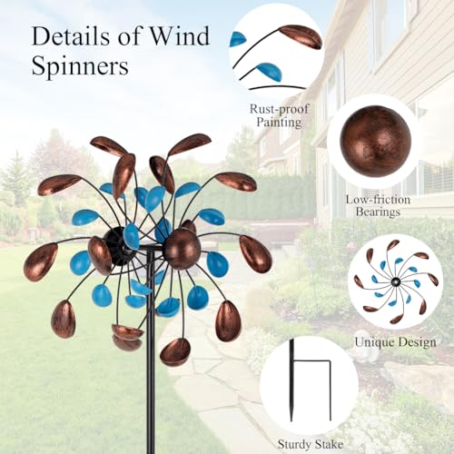 Wind Spinner Outdoor, Wind Sculpture Spinner with Metal Stake, Yard Art Decor for Patio, Lawn & Garden 13 * 57 inches - size: 13‘’Blue Copper