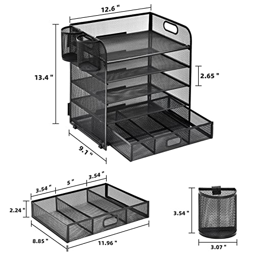 Lavatino 5 Tier Paper Organizer for Desk, Letter Tray with Drawer and 2 Pen Holders, Mesh File Sorter, Desktop Document Shelf Storage Organization Office School Home Black with Drawer - color: 5 Tier - Black
