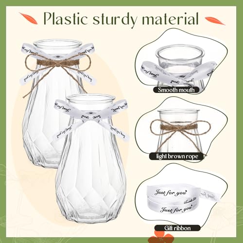 Bokon Set of 12 Pcs Small Plastic Bud Vases in Bulk with Gift Wrapping Ribbon, Vases for Flower, Wedding Centerpieces for Home Decor, Living Room, Office Decoration, Housewarming Party Gift (Clear)