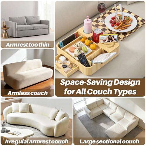 Couch Cup Holder, Checkered Couch Tray Cup Holder Sofa Tray, Large Capacity 2-Tier Wooden Trays with Drawer for Sofa, Bed, Picnic, Drinks, Remote, Cell Phone,TV Trays (Solid Pine Wood)12.5*12.5 in - color: Pine Wood + Checkered