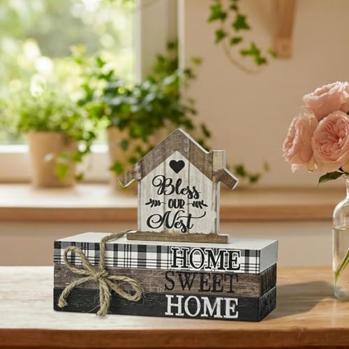 Smile Farmhouse Wooden Tabletop Decor Rustic Home Sweet Home Table Centerpiece, Block Sign Tiered Tray Decoration for Kitchen Shelves Desk Mantel - style: Sweet Home