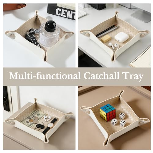 KINIVA 2 Pack PU Leather Jewelry Valet Tray for Men Women,Small Key Bowl for Entryway Table,Portable Travel Catchall Dice Tray (Square-White-2pcs) - style: Square-White-2pcs