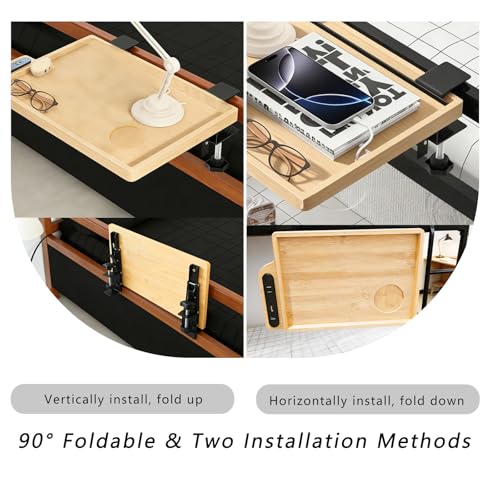 Bedside Shelf Foldable, Bunk Bed Side Table Tray for Top Bunk with USB A&C Charging Ports and Outlet, College Dorm Room Essentials, Clip on Nightstand for Loft Bed Accessories, Bamboo