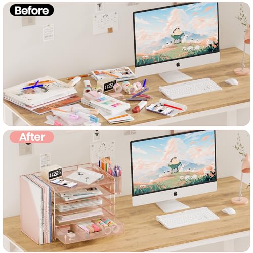 OPNICE Desk Organizer, 5-Tier Paper File Organizer with Drawer & Pen Holder, Office Desk Accessories, Workspace Desktop Organizer for Office Supplies(Rose Gold) - color: Rose Gold, size: 5-Tier