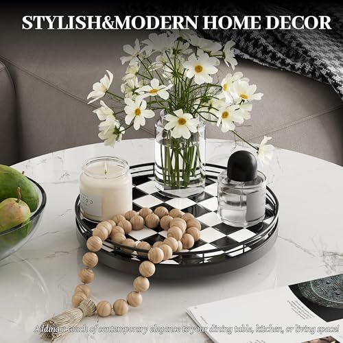 10.2-Inch Black & White Checkerboard Lazy Susan Organizer – Rotating Serving Tray with Oak Base, Iron Frame, & Ceramic Tile –Perfect for Dining Table, Kitchen Cabinet, Bathroom Countertop, Home Décor