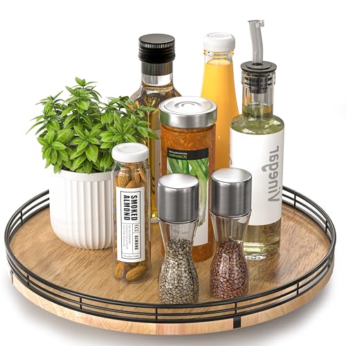 13" Lazy Susan Oak Wood Turntable Organizer for Cabinet, Farmhouse Round Wooden Lazy Susan Organization and Storage for Dining Table, Pantry, Kitchen, Bathroom, Countertop, Cupboard, Home Decor - color: Brown & Black, size: 13 inches