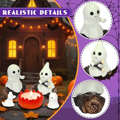 Glow-in-The-Dark Ghost Campfire Gathering, Cute & Cozy Halloween Ghost Figurine Set | 2 Ghosts, Ghost Dog, Ghost Cat and Tea Light Holder | Resin Ghost Statue for Home, Mantel, Shelf, Desk