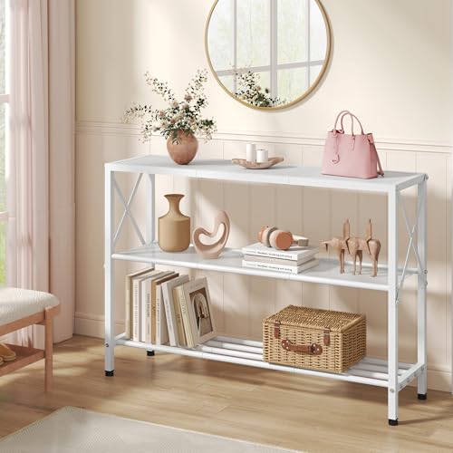 Hoctieon White Industrial Console Table, 3 Tier Entryway Tables, Hallway Desk, Narrow Sofa Tables with Shelves, Entrance Table for Entryway, Living Room, Foyer, Hallway, Office, White - color: White