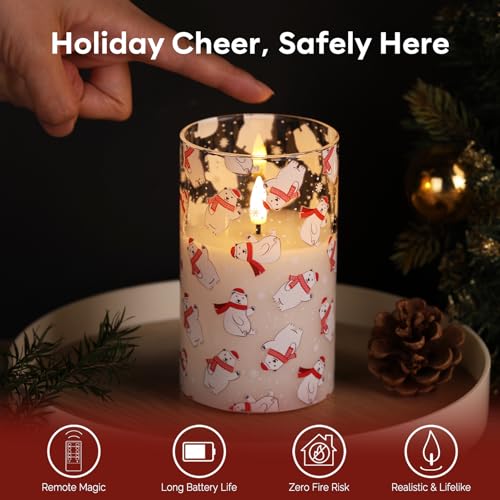 Eywamage Christmas Glass Flameless Pillar Candles with Remote, Flickering LED Battery Candles Bear Holiday Winter Table Decor Gift Set of 3 - color: Bear