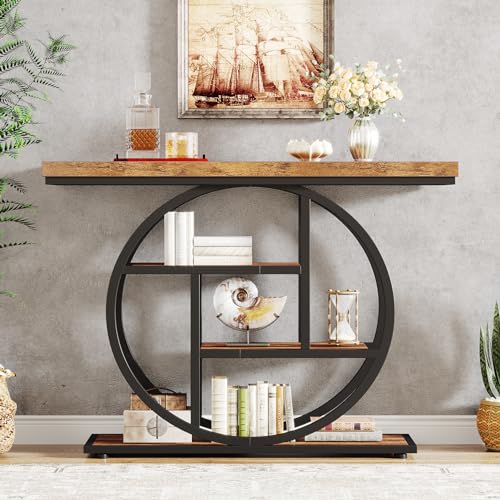 Tribesigns 41.3" Console Table, Industrial 4-Tier Sofa Table Entryway Table with Circle Base, Narrow Wood Accent Tables with Storage Shelves for Living Room, Hallway, Foyer, Rustic Brown - color: Rustic Brown