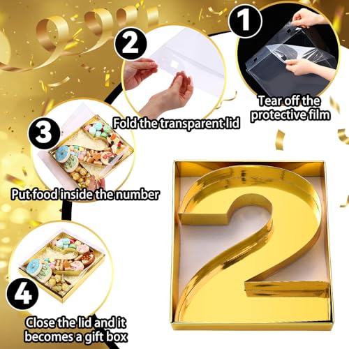 SiliFine 12" Charcuterie Number Shaped Mache with Clear Lid Fillable Sweets Serving Trays Paper Mache Cupcake Candy Box for 2025 Graduation Party Graduation Celebration(Gold,Number 2) - color: Gold, style: Number 2