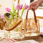 Handmade Leather - Handle Handbag - Style Glass Vase - Simple Elegance for Your Space(Amber) - color: Amber
