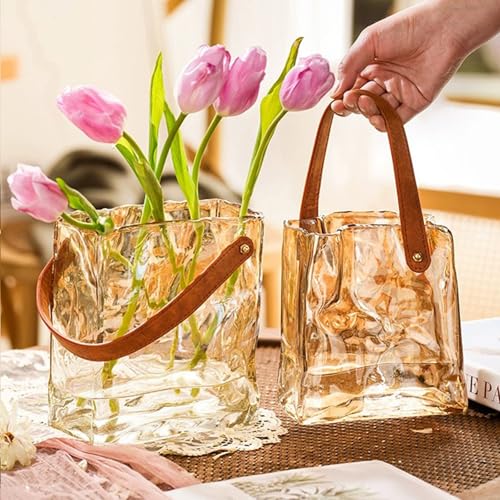 Handmade Leather - Handle Handbag - Style Glass Vase - Simple Elegance for Your Space(Amber) - color: Amber