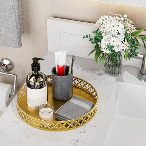 EKNITEY Bathroom Counter Vanity Tray - Perfume Makeup for Dresser Tops Gold Round Serving Candle Decorative Storage Home Decor 11'' Floral-gold - color: Floral-gold
