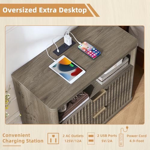 LEYAOYAO 31" Wide Fluted Nightstand with Charging Station, Oversized Extra Large 2 Drawers Night Stand,Grey Wood Bedside Table,Tall Bed Side End Tables,Modern Chest of Drawers Dressers for Bedroom - color: Grey, size: 2 Drawers