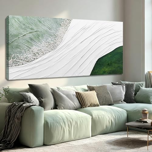 Hue7Art Contemporary Abstract Nature-Inspired Canvas Wall Art with White Flowing Lines and Green Accents, Minimalist Textured Artwork for Living Room Bedroom Office 29x58 Inch - color: White and green, size: 58"L x 29"W
