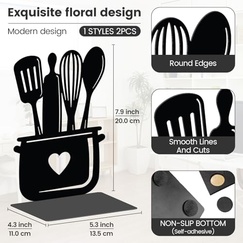 2pcs Black Metal Bookends with Tableware Patterns Adjustable Book Ends for Shelves Heavy Duty Iron Book Stopper with 8 Non-Slip Pads Kitchen Bookends for Cookbooks Vinyl Records Office