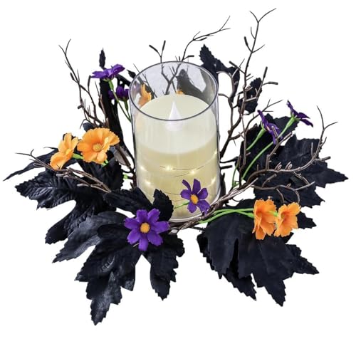 Halloween Candle Rings Wreath Fall Candle Rings Artificial Leaves Wreaths for Halloween Party Decorations 2 Pack Rose Skull Black Wreaths for Home Art Decor