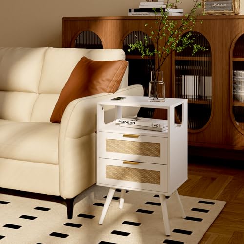 JOONEE Rattan Nightstand,Farmhouse Bedside Table with 2 Storage Drawer and Open Wood Shelf, for Bedroom and Small Spaces,Night Stand with Solid Wood Legs (White) - color: White