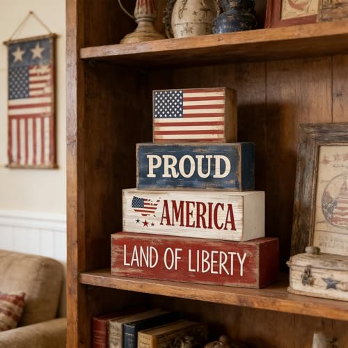 4Pcs 4th of July Decorations Red White and Blue Wood Blocks Patriotic Tiered Tray Decor Farmhouse Style Table Centerpiece for Office Memorial Day Shelf 250th Anniversar - style: Americana