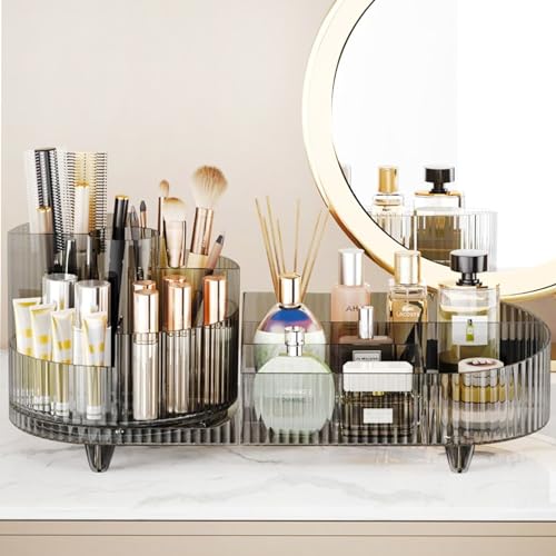 Rotating Makeup Organizer for Vanity with Brush Holder, Cosmetic Makeup Storage Organizer, Large Spinning Makeup Skincare Organizer, Countertop Makeup Perfume, Lotions Display Case (Transparent Black) - color: Transparent Black