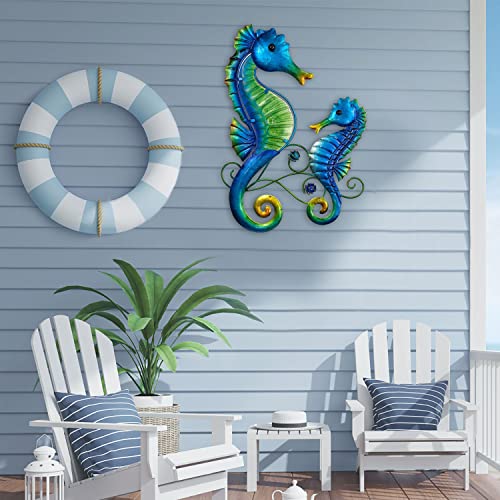 JOYBee Metal Seahorse Family Wall Art Decor-Outdoor Indoor Coastal Hanging Art-Beach Ocean Theme Garden Wall Art Decor for Patio Backyard Yard Fence Pool Bathroom Living Room Wall Decorations - color: Blue Green Seahorse
