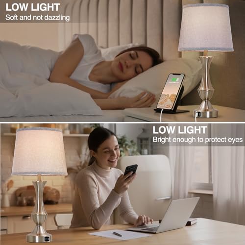 Touch Table Lamps Set of 2, 22" Tall Bedside Lamps, Nightstand Lamps with USB C+A Charging Ports, Dimmable Lamp for Bedrooms, Living Room, Office, Silver Lamp with Grey Lampshade, Bulbs Included - color: Silver,Grey, size: 22in