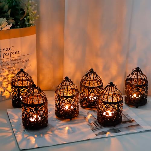 JHY DESIGN 6 Pcs 5.5 inch Height Small Metal Candle Stick Holder Hanging Birdcage Tealight Lantern Hollow Candle Holders for Table Valentine Patio Indoor Outdoor Gifts(Black) - color: Black