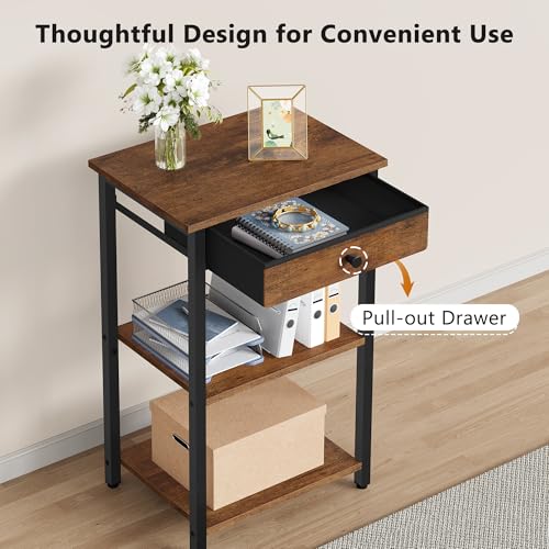 Gewudraw Printer Stand with Storage Drawer, 3-Tier Under Desk Printer Table, End Table for Home Office, Living Room, Bedroom, Brown - color: Rustic Brown, size: 3 layer