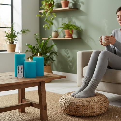VENTA Turquoise Flameless Pillar Candles, Set of 3 (4" 5" 6") | Realistic Flickering Teal LED Candles with Remote & Timer | Perfect for Coastal, Boho & Modern Home Decor - color: Turquise Ribbed