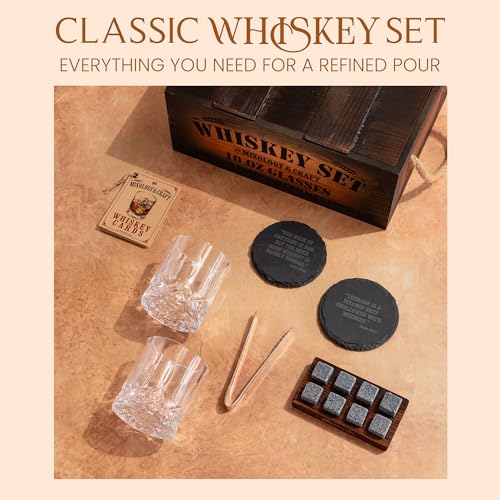 Mixology & Craft Whiskey Gift Set, Whiskey Glass Set with Rustic Wooden Crate, 8 Granite Whiskey Rocks Chilling Stones, 10oz Glasses, Raffle Gift for Men, Dad, Husband, Boyfriend - Jameson Dark Brown - size: Dark Crate