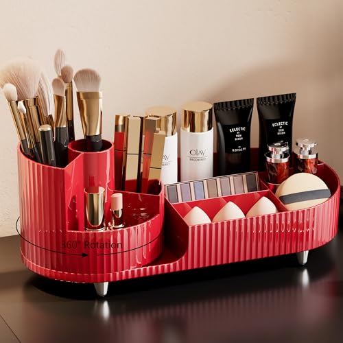 Rotating Makeup Organizer for Vanity with Brush Holder, Cosmetic Makeup Storage Organizer, Large Spinning Makeup Skincare Organizer, Countertop Makeup Perfume Organizer, Lotions Display Case Red - color: Red