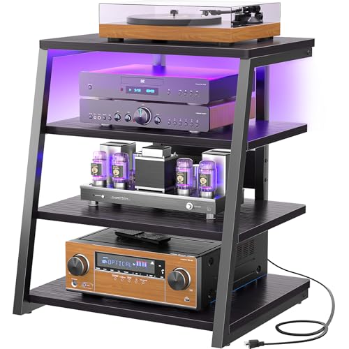 Armocity 4-Tier AV Media Stand with Power Strips, Stereo Stand with LED Lights, Rack Audio Tower with Adjustable Shelves, Small Entertainment Center, 30'', Black Ebony - color: Black Ebony, size: 30" (H)